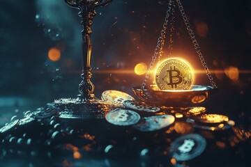 Bitcoin Crypto Coin Balance Scale Outweighing Traditional Currency With a Golden Glow