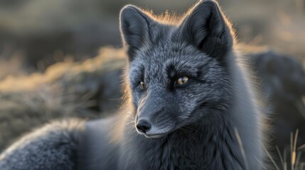 Naklejka premium A silver fox with piercing yellow eyes stares intently at the camera, its fur catching the golden light of the setting sun.