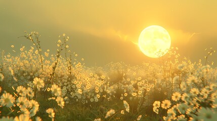 Obraz premium Full moon and flower field outdoor scenery illustration poster background