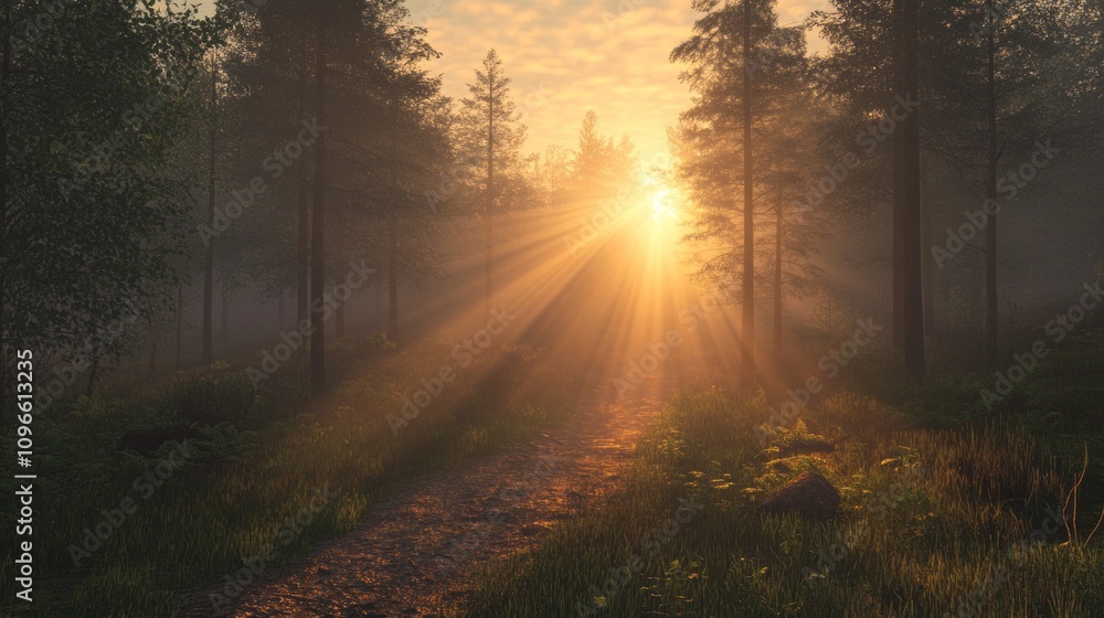 Aufkleber a forest path is illuminated by the sun, creating a serene