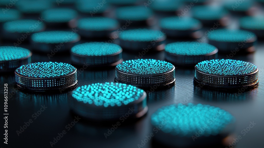 Poster futuristic circular structures with digital radar-like patterns in blue glow