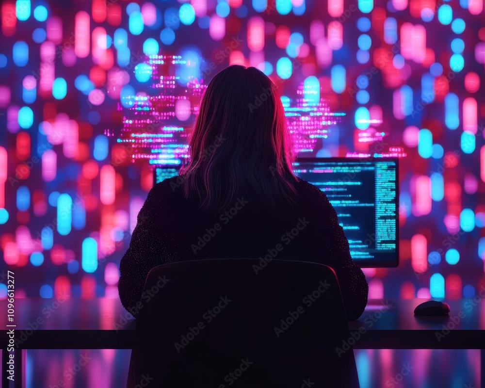 Poster ai-powered coding session tech office digital art cyber environment rear view innovative development