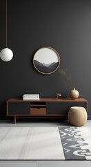 Minimalist living room with a wooden cabinet, a round picture of mountains, and a patterned rug.