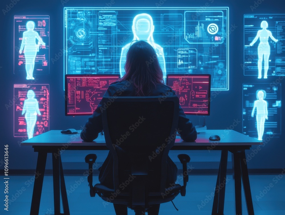 Poster ai-driven technology event futuristic data analysis high-tech office digital environment innovative 