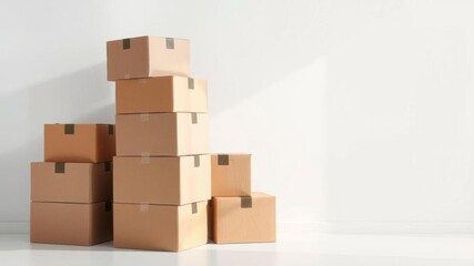 Hyper realistic photo of cardboard boxes stacked near house color wall in bright setting, isolated on white background with copy space for text,  bright,  isolated