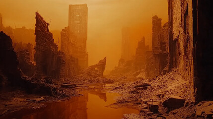 A hauntingly beautiful depiction of a futuristic, post-apocalyptic city ruins bathed in orange light and covered in debris.