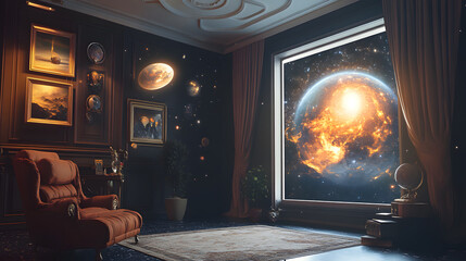 Fototapeta premium A mysterious view of space from the window of a room with a chic interior