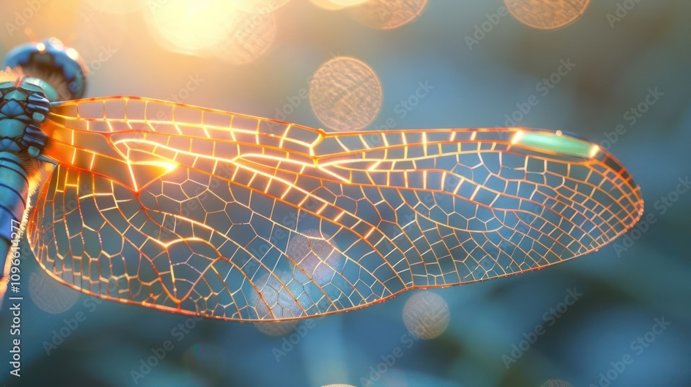 Poster closeup of a dragonfly wing with intricate veins and a warm glow, creating a delicate and ethereal i