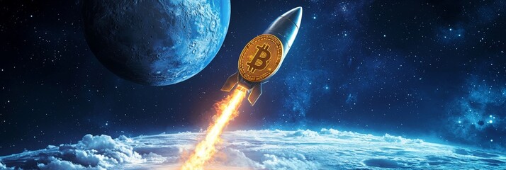 Bitcoin Rocket to the Moon. BTC Crypto Symbol. Cryptocurrency Success and Growth.