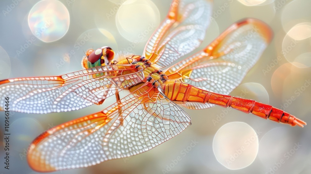 Poster a red dragonfly with translucent wings in flight against a blurred background of bokeh lights.