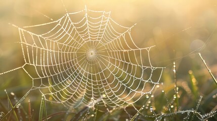 Dew-covered spiderweb with golden sunlight shining through.