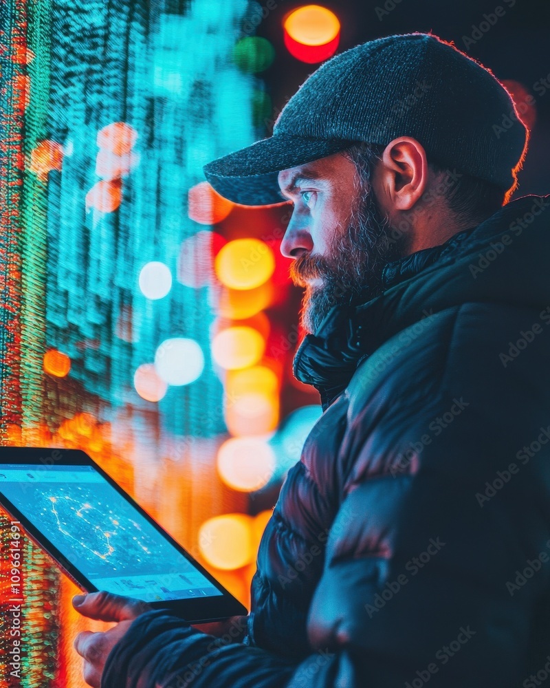Poster ai-powered insights man analyzing data in urban nightscape digital art technology environment creati