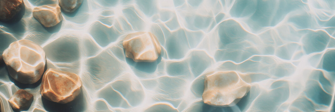 This image captures smooth, sunlit stones beneath clear water, creating calming ripples and patterns. It embodies tranquility and the beauty of nature's simplicity.