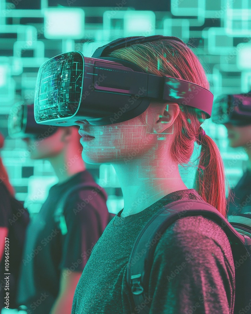 Poster virtual reality experience tech exhibition multimedia showcase modern environment close-up view ai i