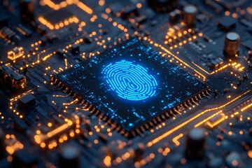 Digital Fingerprint on Circuit Board Representing Cybersecurity, Technology, and Data Protection