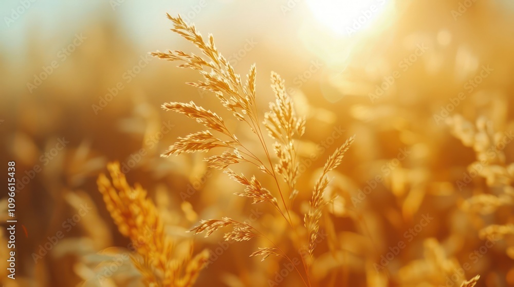 Poster close-up of golden grass stalks illuminated by the warm glow of the setting sun, creating a soft and