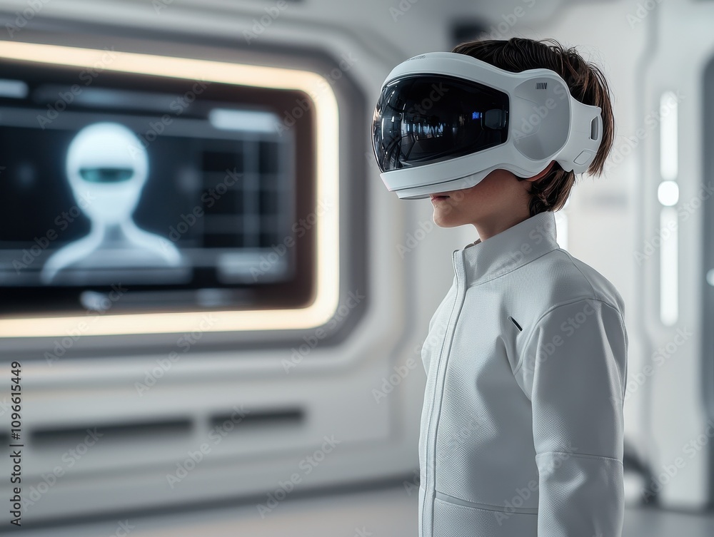 Poster exploring ai technology in virtual reality a child's immersive experience in a futuristic environmen