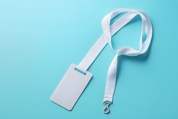 Fototapeta premium Blank ID Badge with Lanyard on Light Blue Background Representing Identity, Security, and Access