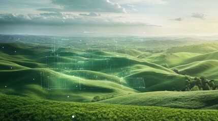 Rolling green hills digital landscape view