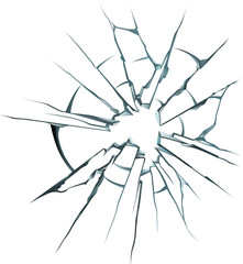 Cracked glass with a hole in center is radiating cracks outwards, creating a dramatic visual effect against a clean white backdrop, perfect for illustrating concepts of damage, stress, or impact