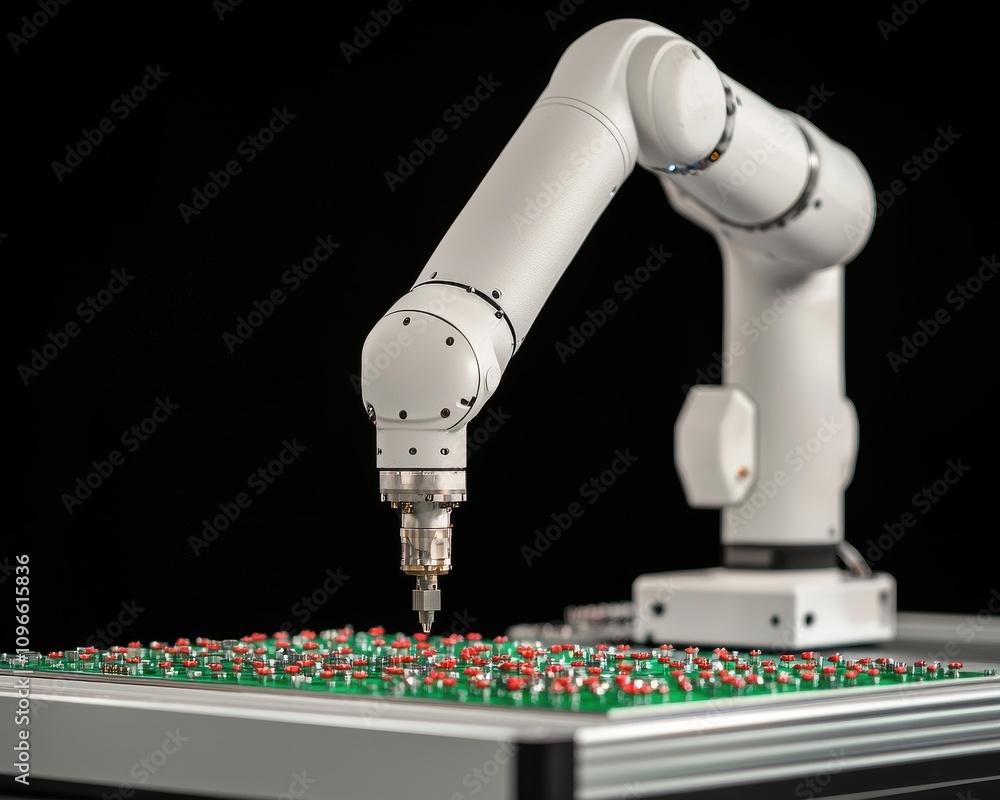 Poster ai-driven robotic arm assembling electronic components industrial setting technology showcase close-