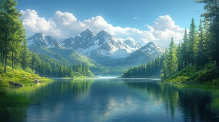 Serene Mountain Lake Landscape: Breathtaking View of Majestic Peaks Reflecting in Tranquil Waters