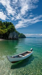 Obraz premium A pirate ship rests in clear blue waters beside white sandy beaches, surrounded by palm trees and rocky cliffs under bright skies