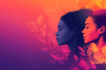 Fototapeta premium Abstract Silhouette Profiles of Women in Vibrant Gradient with Flowing Lines and Warm Colors