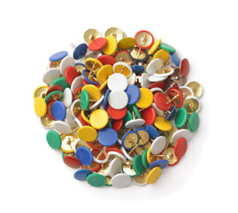 Top view of colorful metal thumb tacks