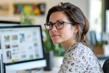 Focused Professional Woman with Glasses Working at Computer in Modern Office