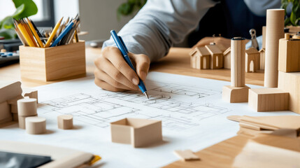 A person sketches a design on paper, surrounded by wooden models, pencils, and plants, showcasing creativity in architecture or design.