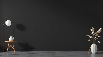 Minimalist interior with black wall, wooden table, white vase, and dried plant.