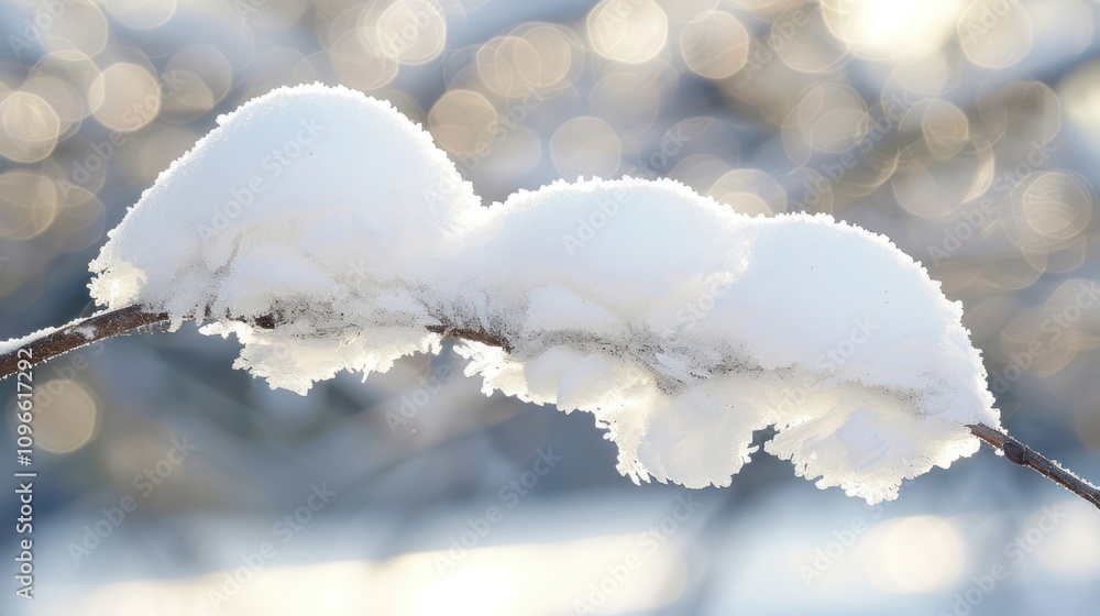 Poster a close-up of a snow-covered branch with a blurred background of bokeh lights.