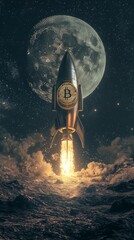 Obraz premium Bitcoin Rocket to the Moon. BTC Crypto Symbol. Cryptocurrency Success and Growth.