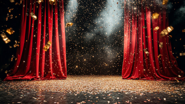 red curtain with confetti, award stage