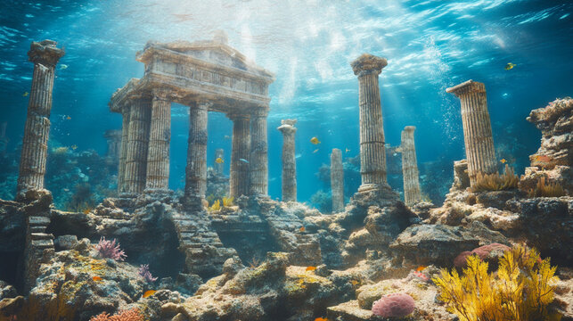 ancient underwater city, ruined kingdom, fish and coral reef