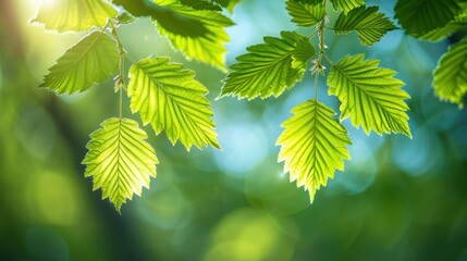 Fresh green leaves illuminated by sunlight, creating a beautiful bokeh effect.