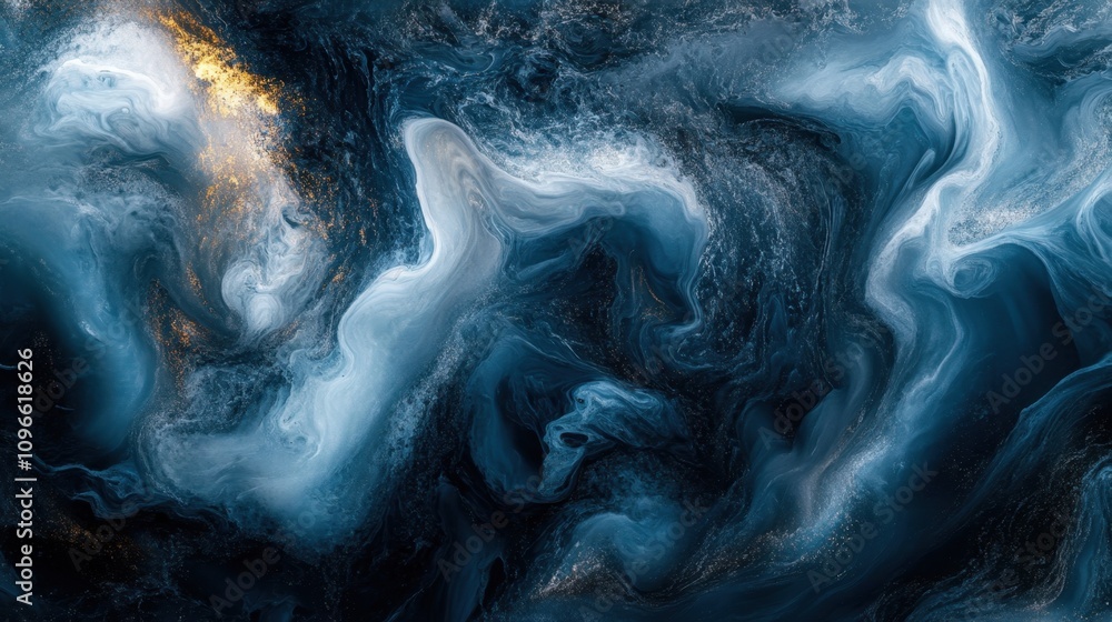 Poster abstract blue waves with realistic light effects and soft glowing details, creating a tranquil and e
