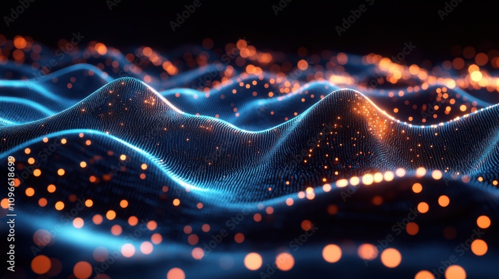 Poster abstract blue waves with realistic light effects and soft glowing details, creating a tranquil and e