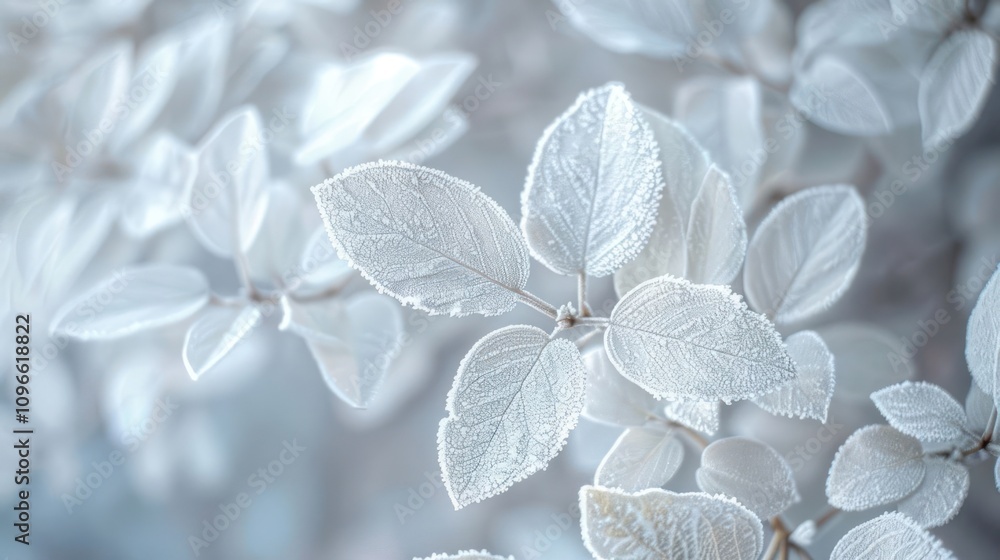 Poster close-up of frost-covered leaves on a branch, creating a delicate and ethereal winter scene.