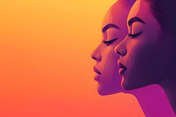 Abstract Silhouette Profiles of Women in Vibrant Gradient with Flowing Lines and Warm Colors