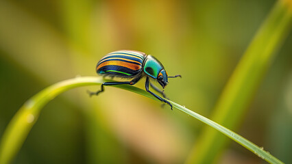 Fototapeta premium Stunning macro photograph of a striped beetle on a green grass blade, nature, vibrant colors
