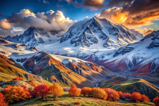 Majestic Winter Landscapes of Mount Donguzorun and Mount Nakra Summits Under a Colorful Sunset Sky with Vibrant Autumn Foliage