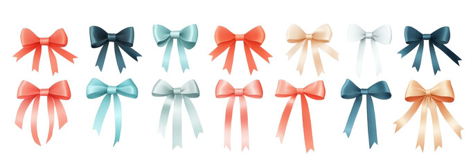 Set of Colorful Ribbon Bows in Decorative Styles Isolated on Transparent Background