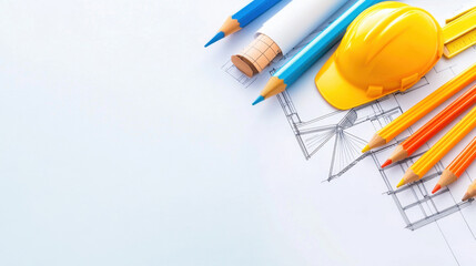 A collection of construction tools, including pencils and a hard hat, arranged on a blueprint, symbolizing planning and design.