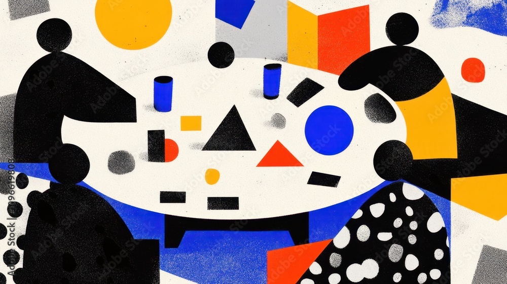 Poster abstract figures in multicolored patterns brainstorming around a round table in a sleek, modern offi