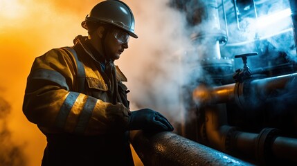 Oil worker in protective gear inspecting equipment