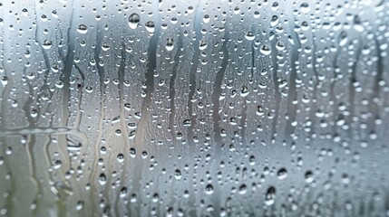 Close-up of condensation droplets on a window pane.