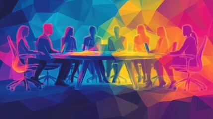 Abstract figures in radiant hues collaborating at a round table in a luminous office, surrounded by sleek, modern furnishings.