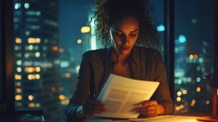 Young woman reviewing documents in modern urban office at night